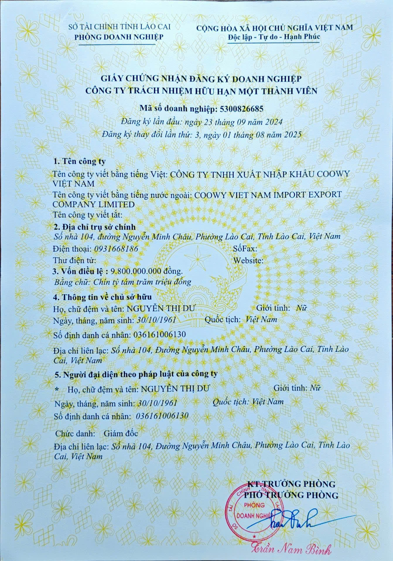 Giấy chứng nhận đăng ký doanh nghiệp COOWY
